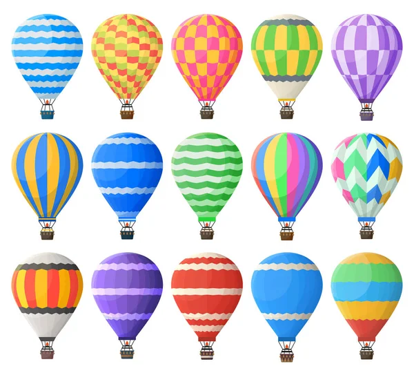 Heißluftballons, bunte fliegende Oldtimer-Luftschiffe. Luftfahrt Himmel Transport, heiße luftige Kugel fliegende Fahrzeug Vektor Illustration Set. Retro-Heißluftballon — Stockvektor