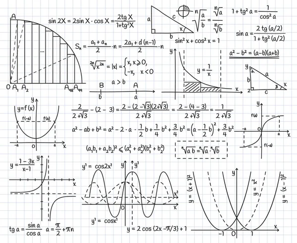 Matematiksel cebir formülleri, karalama denklemi ve grafik işaretleri. Matematik, geometri veya fizik formülleri ve denklemler vektör illüstrasyon kümesi. Bilim hesaplama simgeleri