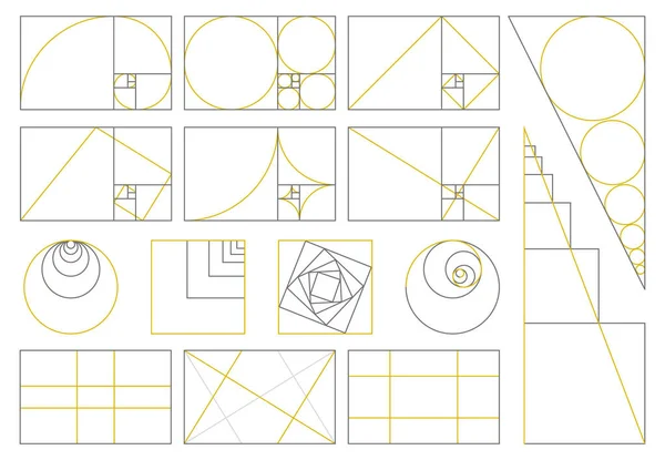 Relación dorada, proporciones divinas, números de fibonacci dorados en espiral. Conjunto de ilustración de vector de matriz de fibonacci proporción dorada. Signos de proporción de geometría sagrada — Archivo Imágenes Vectoriales