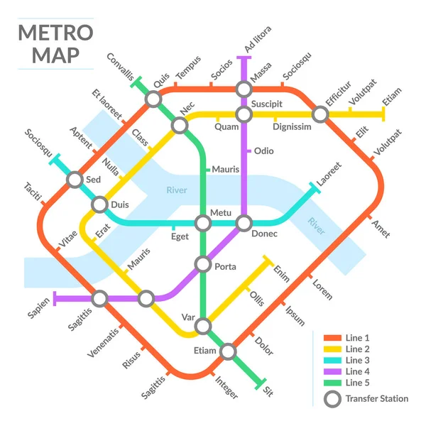 Mapa de estações de metrô, esquema de transporte público subterrâneo, rede de metrô. Cidade urbana subterrânea mapa do metro ilustração vetorial. Sistema de transportes públicos metropolitanos — Vetor de Stock