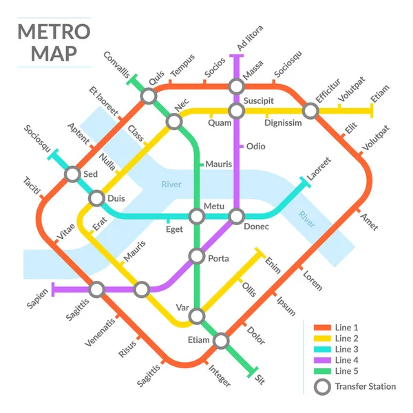 Mapa de estações de metrô, esquema de transporte público subterrâneo, rede de metrô. Cidade urbana subterrânea mapa do metro ilustração vetorial. Sistema de transportes públicos metropolitanos —  Vetores de Stock