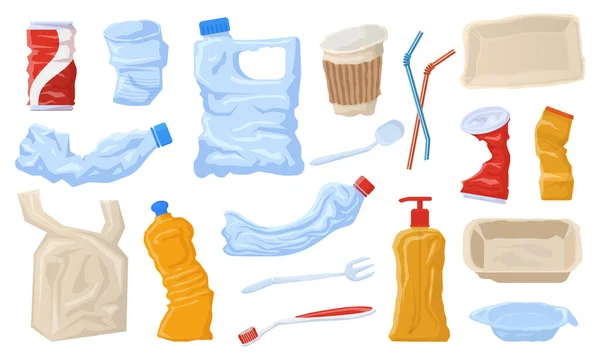 Déchets plastiques, emballages jetables, déchets non recyclables. Bouteilles jetables en plastique, gobelets, jeu d'illustrations vectorielles de vaisselle. Pollution de l'environnement, déchets plastiques — Image vectorielle