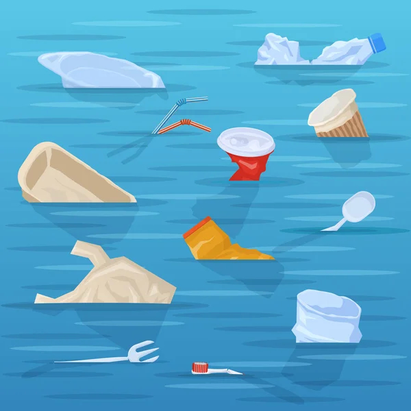 Kirli okyanus, suda yüzen plastik tek kullanımlık çöp. Kirlenmiş okyanusta ya da deniz suyu vektör illüstrasyonunda tek kullanımlık plastik çöp. Doğayı kirleten plastik çöp — Stok Vektör