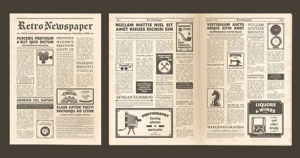 Vintage old newspaper full page, retro spread pages. Retro newsprint page, editorial news and ad posters newspaper layout vector illustration set. Old newspaper pages — стоковий вектор