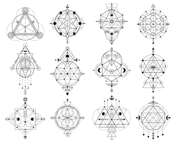 Szent geometria figurák, absztrakt misztikus lineáris formák. Rejtélyes lineáris okkult jelek vektor illusztráció készlet. Geometrikus szent alkímia szimbólumok — Stock Vector