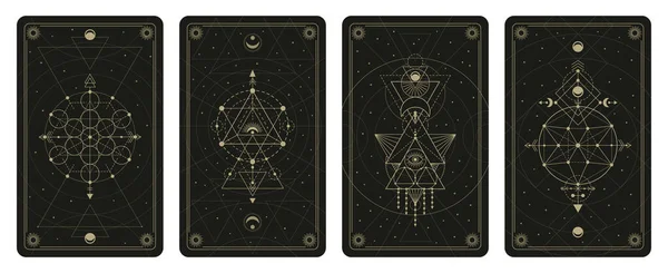 Mistik kutsal geometrik doğrusal şekiller tarot kartları. Sihirli el sanatları vektör illüstrasyonu seti için soyut mistik işaretler. Kutsal geometri kutsal posterleri