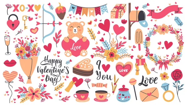 Pegatinas románticas de San Valentín, forma de corazón y carta de amor. Elementos del día de San Valentín, dulces, flores y regalos conjunto de ilustración vectorial. Lindas pegatinas románticas vacaciones — Vector de stock