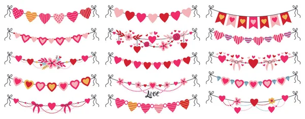 Romantic valentines day heart shaped bunting garlands. Cute hanging bunting hearts, romantic greeting heart flags vector illustration set. Valentines day decorations — стоковый вектор