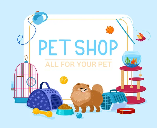 Cartoon pet shop accessories and equipment poster. Domestic pet food, toys and accessories vector background illustration. Pet shop advertising banner — Vetor de Stock