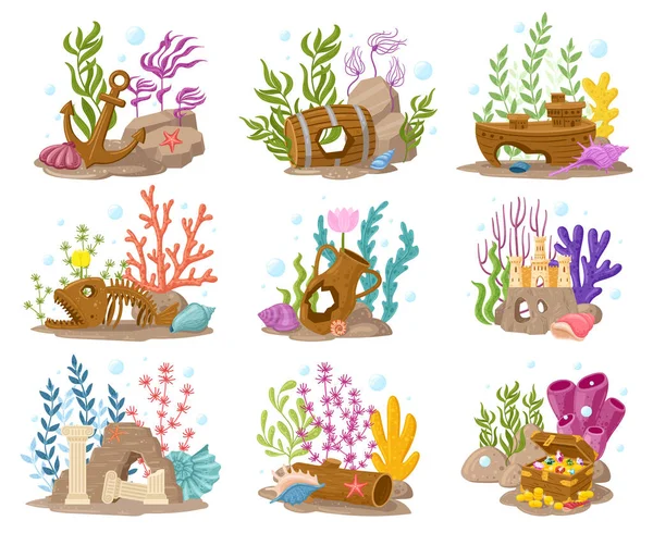 Карикатурные аквариумные украшения, морские водоросли, кораллы и камни. Набор векторных иллюстраций подводных аквариумных аксессуаров. Аквариумные элементы декора — стоковый вектор