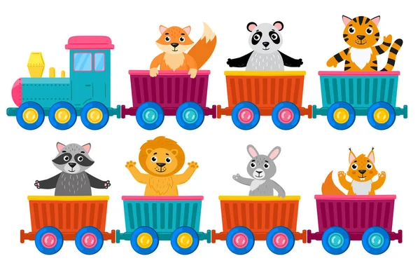 Cartoon cute animals on toy steam locomotive wagons. Toy train with funny wild animals vector illustration. Happy animals on train wagons — Stock Vector