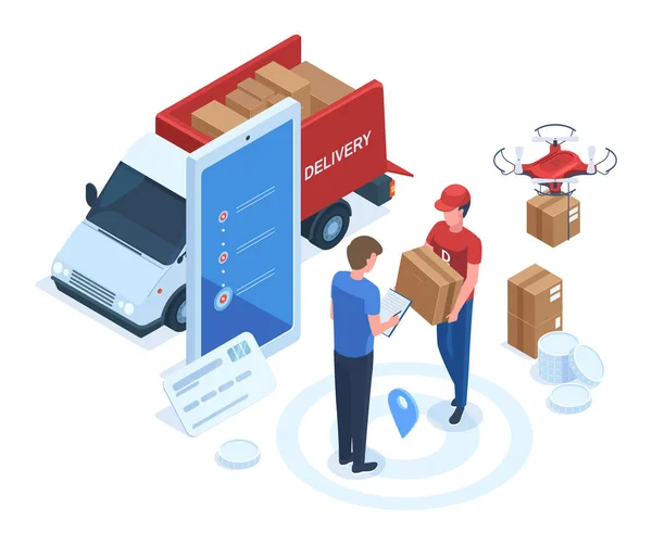 Isometric logistic, shipping service, delivery man carrying parcel. Courier brings package to client, home delivery vector illustration set. Logistics and delivery concept —  Vetores de Stock