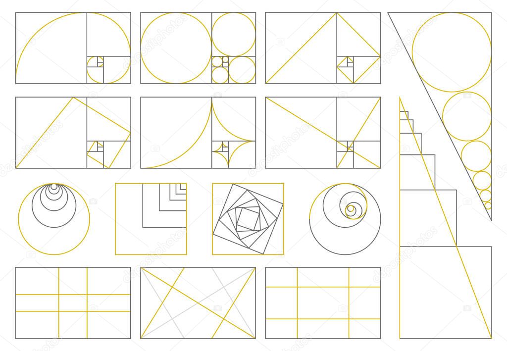 Golden ratio, divine proportions, golden fibonacci numbers spiral. Golden proportion fibonacci array vector illustration set. Sacred geometry proportion signs