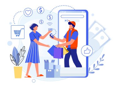 Kurye müşteriye paketi teslim eder. İnternetten alışveriş