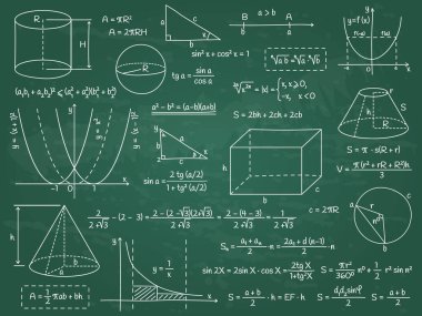 Matematik, geometri veya fizik hesaplama formülleri, cebir figürleri ve grafikleri. Doodle okulu eğitimi vektör illüstrasyon seti grafikleri. El çizimi formül sembolleri