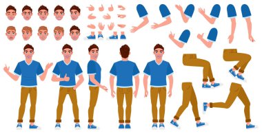 Çizgi film karakteri yapıcısı, erkek pozu, yüz ifadeleri ve saç kesimi. İnsan karakteri vücut parçaları oluşturma elementleri vektör illüstrasyonu seti. Erkek karakter oluşturucu