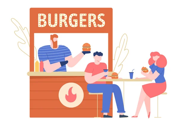 Бургер-стрит киоск, кафе быстрого питания, клиенты за столом — стоковый вектор