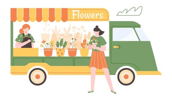 Květiny stánek, květinový trh truck, pouliční obchod — Stockový vektor