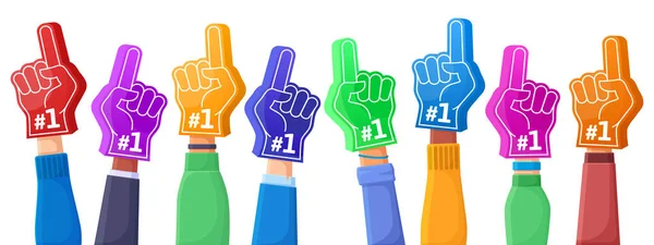 Foam fingers, football, baseball or basketball fans foam hands. Sports team cheering foam hands, fan accessory vector symbols set. Fan foam fingers victory gesture — стоковый вектор