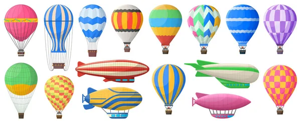 Hot air balloon, flying vintage aerostat and airships. Vintage sky transport, air journey flying aerostat vector symbols set. Retro airship and hot air balloon — Vettoriale Stock