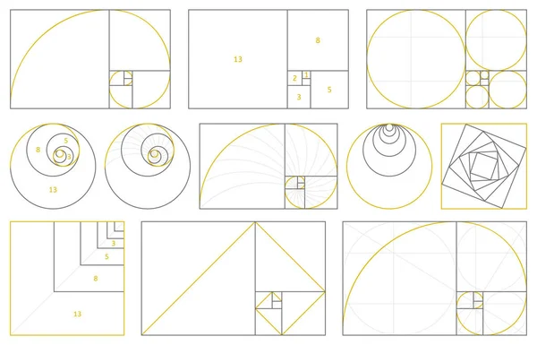 Arany szekció, fibonacci számok, ideális arányok. Geometria harmónia arany fibonacci spirál arány, vektor illusztráció készlet. Spirálarányú elemek — Stock Vector