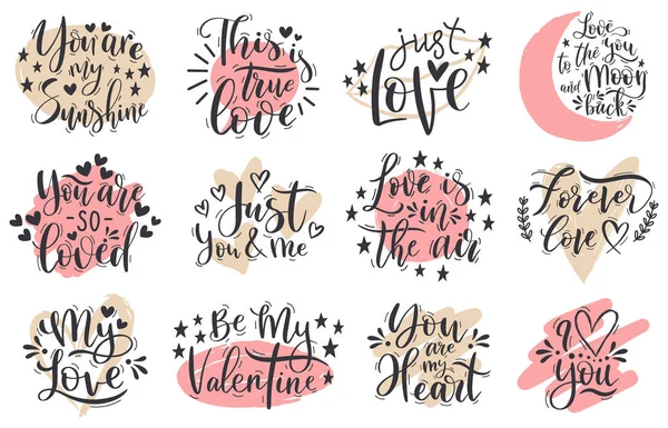 Handwritten romantic love valentines day lettering quotes. Happy valentines day romantic phrases vector illustration set. Lettering positive calligraphy elements — стоковый вектор