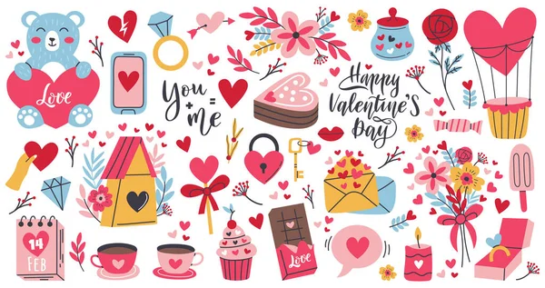 Dibujos animados amor romántico día de San Valentín elementos y pegatinas. Conjunto de símbolos vectoriales de forma de corazón, dulces, tortas y flores. Día de San Valentín objetos románticos — Vector de stock