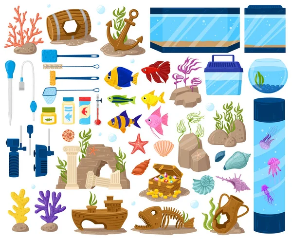 Аквариум подводные водоросли и рыба, мультипликационное аквариумное оборудование. Подводные животные, золотые рыбки или набор векторных иллюстраций гуппи. Аксессуары для мультфильмов — стоковый вектор