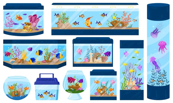 Akuarium kartun dengan ikan bawah air, ganggang dan karang. Akuarium di bawah air gambar hewan peliharaan ikan vektor ditetapkan. Lingkungan Aquaria dengan satwa liar laut - Stok Vektor