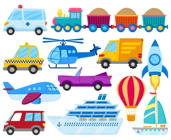 Les enfants de bande dessinée jouent véhicules, voiture, fusée, avion, train et bateau. Transport infantile, bateau, montgolfière, jeu d'illustration vectoriel fusée. Transport de jouets enfants — Image vectorielle