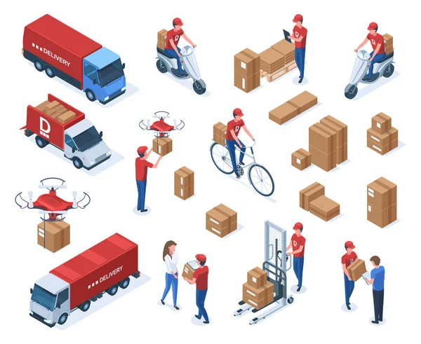 Isometric couriers, delivery service workers and logistic transport. Parcels delivery logistic truck, delivery man, boxes vector illustration set. Delivery service 3d elements — Vettoriale Stock