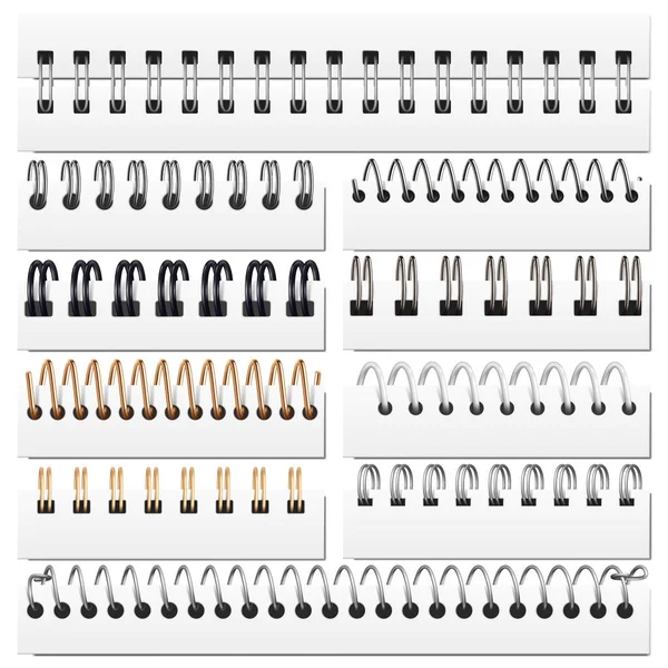 Realistic silver iron notebook binding wire spirals. Binding sketchbook or calendar sheets iron spirals vector illustration set. Paper notebook spiral binders — Vetor de Stock