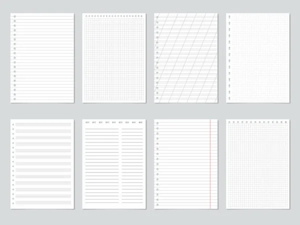 Realistic notebook blank lined and gridded paper sheets. Blank notepad pages for homework or diary notes vector illustration set. Notebook squared and lined notepaper — Stock Vector