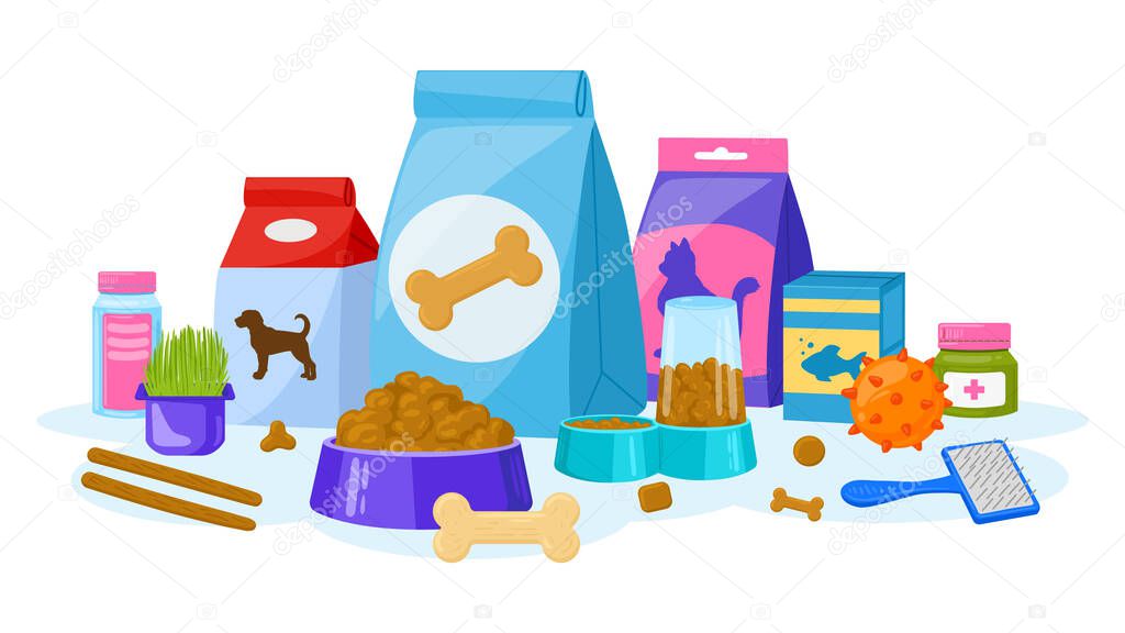 Cartoon pet food, cats and dogs pet shop accessories. Domestic pet food, pet shop equipment poster vector illustration. Animal food and accessories advertising background