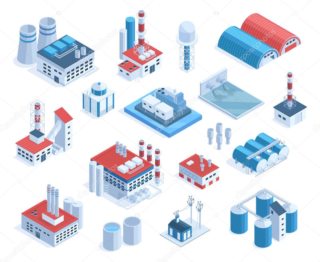 Isometric 3d factory, plant, mill buildings, industrial pipes and warehouse. Production plant buildings, industrial facilities vector illustration set. Factory structures