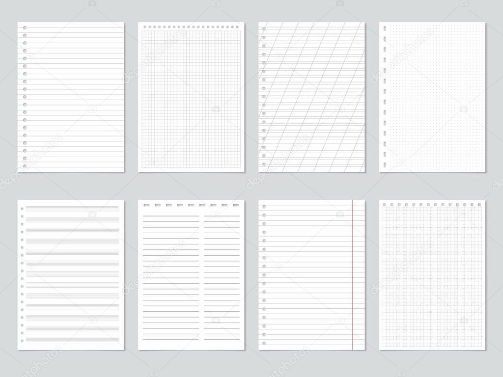 Realistic notebook blank lined and gridded paper sheets. Blank notepad pages for homework or diary notes vector illustration set. Notebook squared and lined notepaper