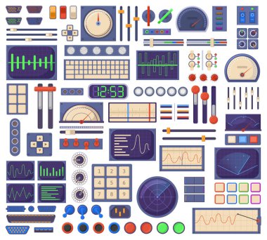 Control panel elements, buttons dials, tuners and connection ports. Retro control panel interface elements vector illustration set. Electronic spacecraft dashboard parts