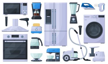Ev aletleri, buzdolabı, elektrikli süpürge ve mikrodalga fırın. Yemek ve temizlik araçları, çamaşır makinesi ve blender vektör illüstrasyon seti