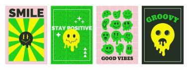 Psychedelic melting smiling faces, 70s groovy psychedelic posters. Retro comic groovy smiling characters vector posters set. Melting smiling faces covers