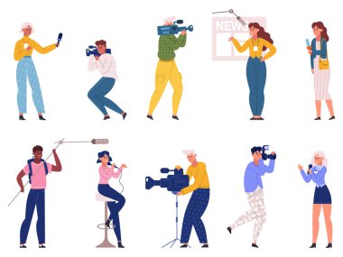 Journalists characters, reporters, videographers and news presenter scenes. TV reporters, bloggers and newsmakers team vector illustration set. Cameramen and journalists