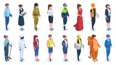 Isometric professions, professional electrician, cleaner, teacher and courier. Male and female professionals vector illustration set. Business and service characters
