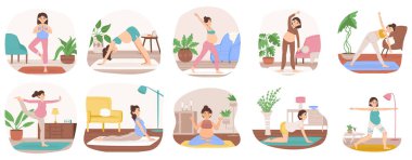 Hamile kadın yoga yapıyor, sağlık yoga aktivitesi yapıyor. Doğum öncesi sağlıklı aktiviteler, meditasyon ve rahatlatıcı vektör çizimi. Gelecekteki annelerin yoga dersleri.