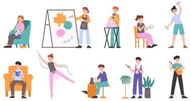 Creative hobbies, male and female characters, artist, musician and potter. Handicraft and creative arts occupations people vector illustration set. Peoples hobbies