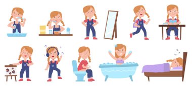 Girl daily routine, kid morning, day and evening schedule. Cute girl sleeping, eating and dressing up scenes vector illustration set. Little girl active daily routine