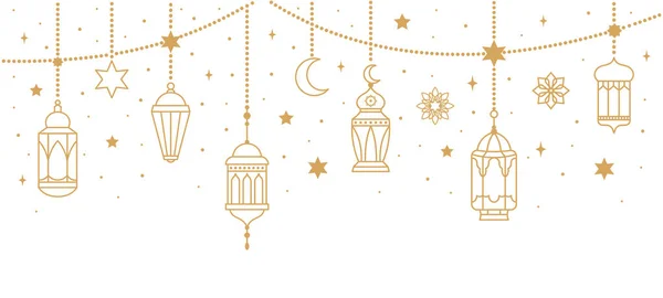 Arap geleneksel Ramazan Kareem doğu fenerleri çelengi. Müslüman süslemeleri, asılı altın fenerler, yıldızlar ve ay vektör çizimleri. İslami doğu tarzı çelenk — Stok Vektör