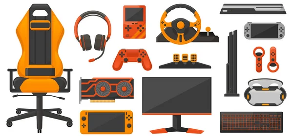 Equipo de videojuegos, joysticks, silla de juego, consola y auriculares. Accesorios de juego, juego de joystick y monitor de ordenador conjunto de ilustración vectorial. Equipo de juego — Vector de stock