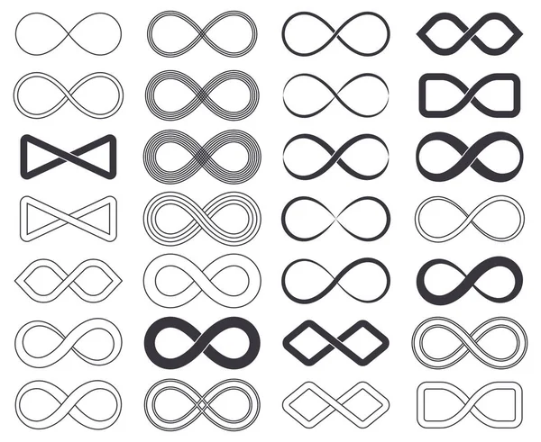 Infinity eternity unlimited symbols, limitless cyclical emblems. Outline infinity signs, unlimited eternity loop vector symbols set. Endless infinite icons — Stok Vektör