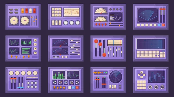 Paneles de control retro, salpicadero de naves espaciales con diales, afinadores y palancas. Elementos de interfaz de ordenador antiguos conjunto de ilustración vectorial aislado. Plantillas del panel de control — Vector de stock