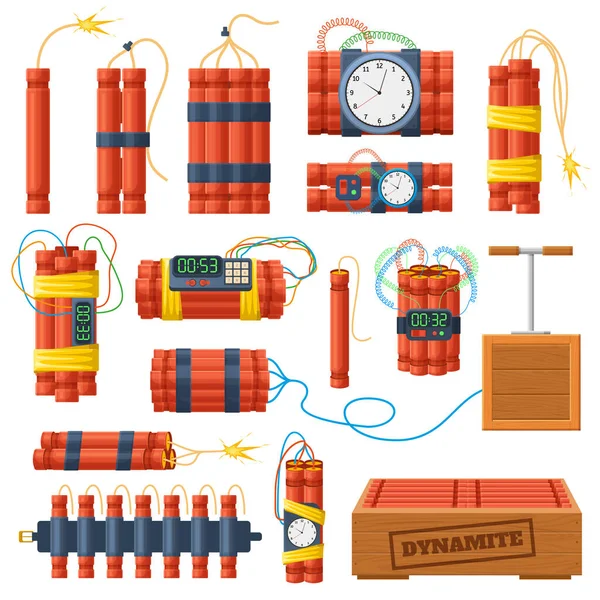 Dynamite sticks, explosive bombs with timer clock detonator. Explosive dangerous bombs and dynamite checkers vector illustration set. Pyrotechnics elements — 图库矢量图片