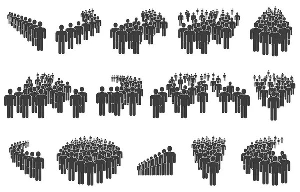 Silhuetas de multidões, fila de empresários, formação de grupos. Ícones de grupo de pessoas, multidão em fila, comunidade social de negócios ou conjunto de ilustrações vetoriais de equipe — Vetor de Stock